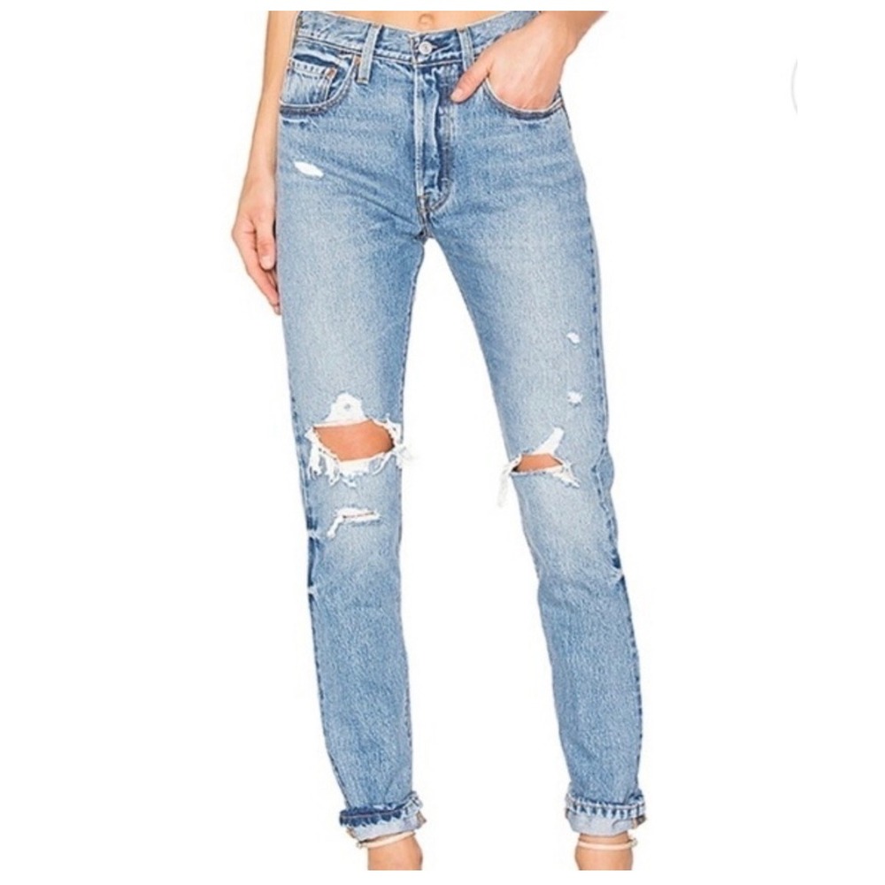 Levis Premium 501 Original Distressed Straight Leg Jeans Light Wash Blue 26